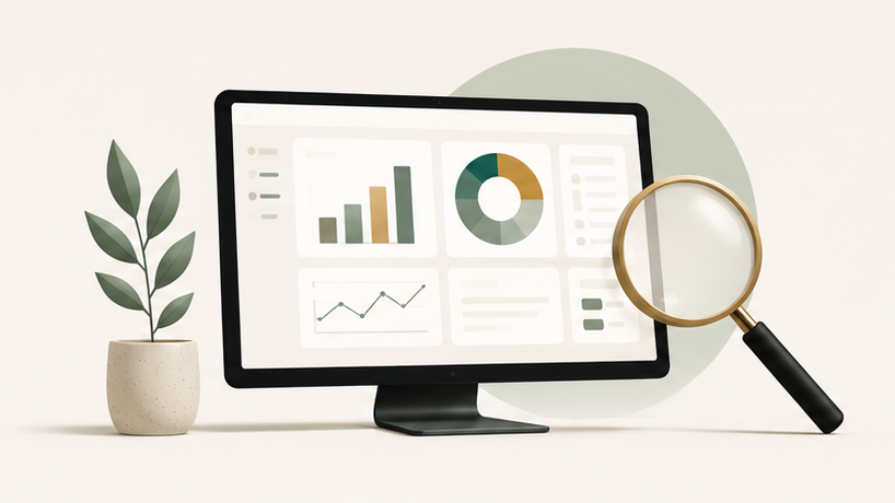 A monitor showing dashboard charts beside a magnifying glass, representing dashboard refinement