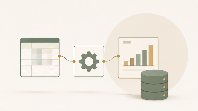 A data table flowing through a gear into a chart and database, representing DAX and Power Query work