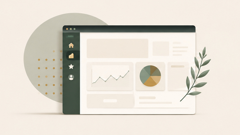An app-style dashboard interface with navigation and charts, representing design and user experience